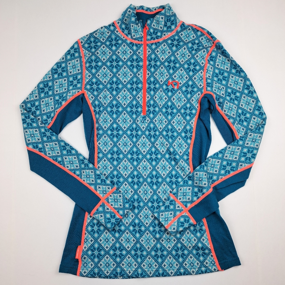 Kari Traa Womens Rose Half Zip Top Teal L 100% Merino Wool Norway